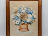 an oil painting of a basket of flowers on a table