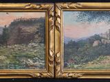 two paintings of a castle and a tree in a gold frame