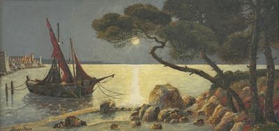 une peinture représentant un bateau sur un plan d'eau