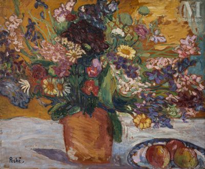 peinture d'un vase de fleurs et de fruits sur une table
