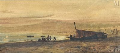 painting of a beach scene with a boat and people on the shore