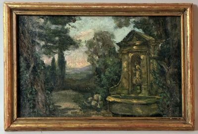 an oil painting of a fountain in a garden with trees in the background