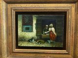 an oil painting of a man and a dog in a room