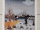 une photo d'un tableau représentant un chien dans la neige