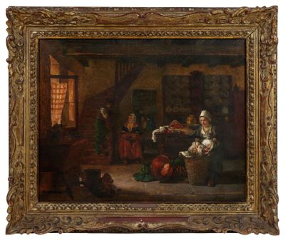 un tableau représentant une femme dans une cuisine, en compagnie d'un chat et d'autres personnes