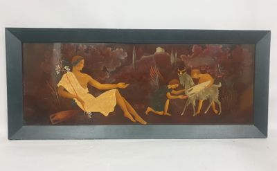 une image représentant un tableau où l'on voit une femme assise sur une chaise avec un chien