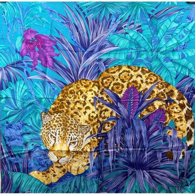 un tableau représentant un léopard dans la jungle, entouré de végétation