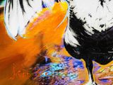 a painting of a rooster that is standing on the ground