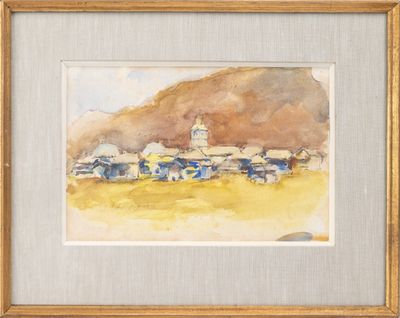 une aquarelle représentant un village de montagne