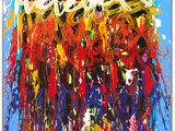 abstract painting of colorful paint drips on a blue background