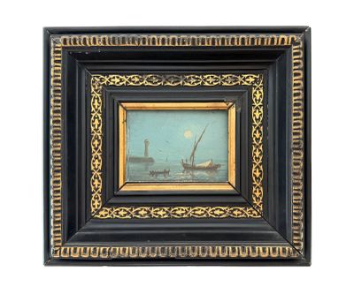 a painting of a boat in a body of water with a full moon in the background