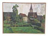 painting of a village with a church in the background