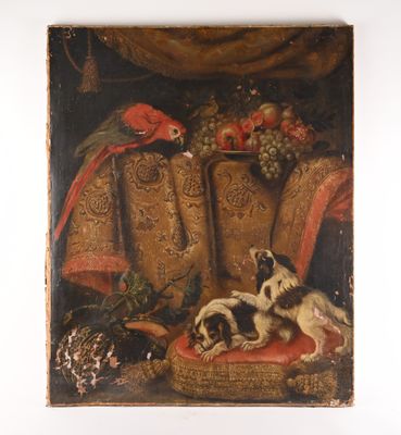 une image représentant un tableau où l'on voit un chien et un oiseau assis sur une chaise