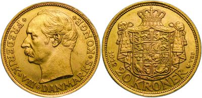 une pièce d'or « sovereign » sur laquelle figure une couronne au recto et une couronne au verso