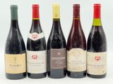 six bouteilles de vin sont alignées sur une surface blanche