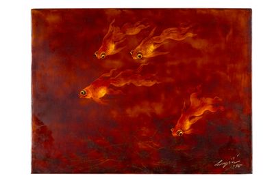 un tableau représentant un groupe de poissons rouges nageant dans un étang