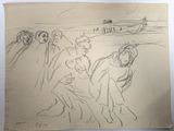 drawing of a group of people on a beach with a boat in the background