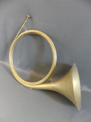 a brass instrument that is laying on a table