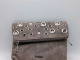 grey leather clutch bag with eyelets and zipper closure
