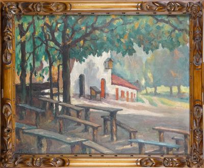 une peinture à l'huile représentant une église avec des bancs et des arbres au premier plan