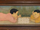 a painting of three children playing a game of checkers