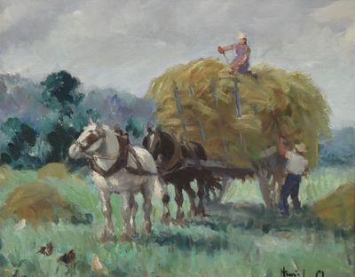 a painting of a man riding on a horse drawn wagon