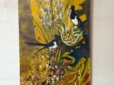 a painting of two birds sitting on a vase of flowers
