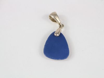 a blue sea glass pendant with a silver bail on a white background