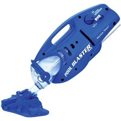 a close up of a blue vacuum cleaner on a white background