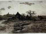an image of a drawing of a village with a river running through it