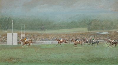 a painting of a horse race with jockeys and horses