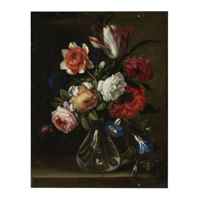 peinture représentant un vase de fleurs posé sur un rebord, sur fond noir