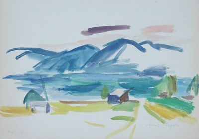 une aquarelle représentant un paysage avec des montagnes en arrière-plan