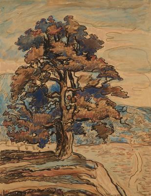 une image représentant un tableau d'un arbre sur une colline