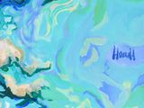 an abstract painting of blue and green swirls with a name on it
