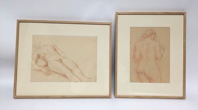 two framed drawings of a nude woman and a nude man
