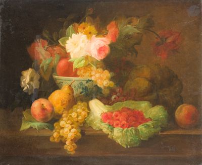 une image représentant un tableau où l'on voit des fruits et des fleurs posés sur une table