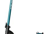 an electric scooter with a blue seat and wheels on a white background