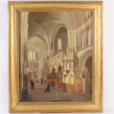painting of interior of a church with figures in the foreground and people seated in the foreground