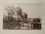 an old drawing of a river with a bridge in the middle of it