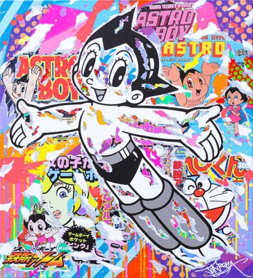 a painting of a cartoon character flying through the air