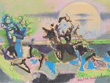 a painting of a horse drawn carriage with a man on it