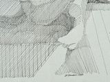 a black and white drawing of a man on a surfboard