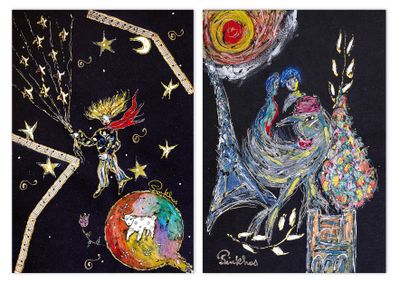 two pictures of a painting of a woman and a man on a moon