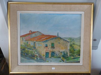 tableau représentant une maison au toit rouge, dans un cadre doré