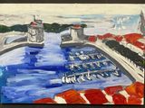 une peinture d'un port avec des bateaux dans l'eau