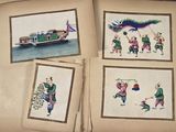 four framed pictures of people and a boat on a body of water