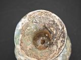 a close up of a vase on a black surface