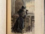 an open book with a drawing of a woman sitting at a table