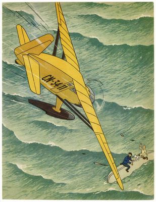 illustration représentant un avion jaune survolant l'océan, avec un homme sur une planche de surf